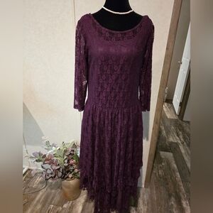 Purple Ribbed Asymmetrical Gown with Crew Neck for Wedding Guest